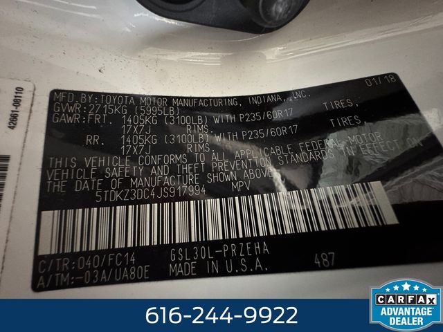 2018 Toyota Sienna LE 3.5 Liter V6 7 Passenger 3rd Row Seating