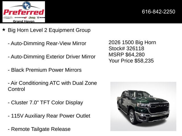 2026 RAM Ram 1500 RAM 1500 BIG HORN CREW CAB 4X4 5'7' BOX