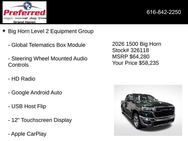 2026 RAM Ram 1500 RAM 1500 BIG HORN CREW CAB 4X4 5'7' BOX