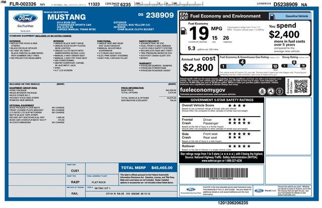 2013 Ford Mustang Boss 302 5.0 Liter V8 2D Coupe Manual Transmission