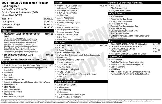 2026 RAM Ram 3500 RAM 3500 TRADESMAN REGULAR CAB 4X4 8' BOX