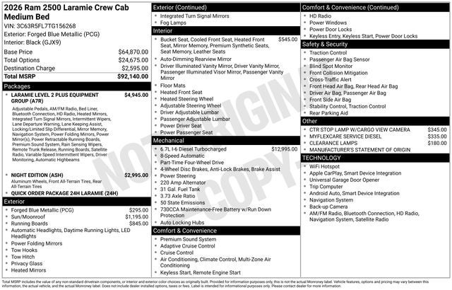 2026 RAM Ram 2500 RAM 2500 LARAMIE CREW CAB 4X4 6'4' BOX