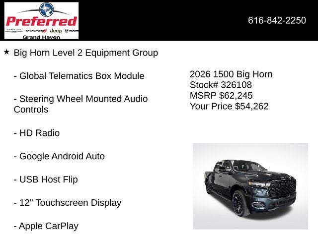 2026 RAM Ram 1500 RAM 1500 BIG HORN CREW CAB 4X4 5'7' BOX