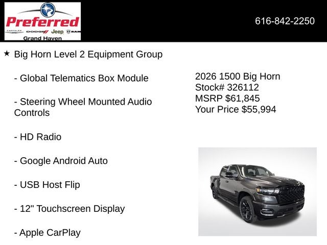 2026 RAM Ram 1500 RAM 1500 BIG HORN CREW CAB 4X4 5'7' BOX